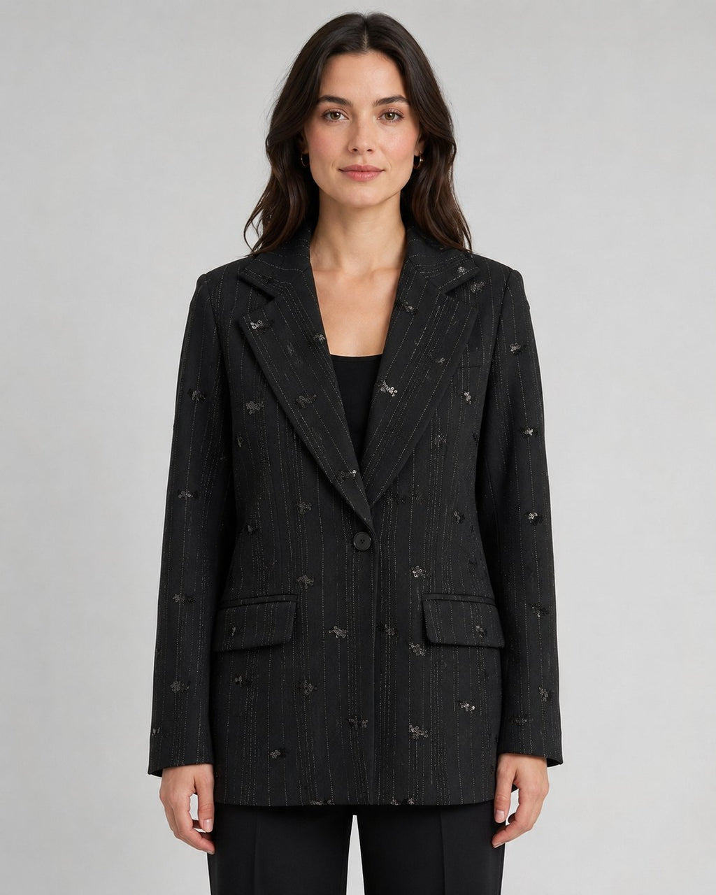 Blazer gessato con paillettes nero