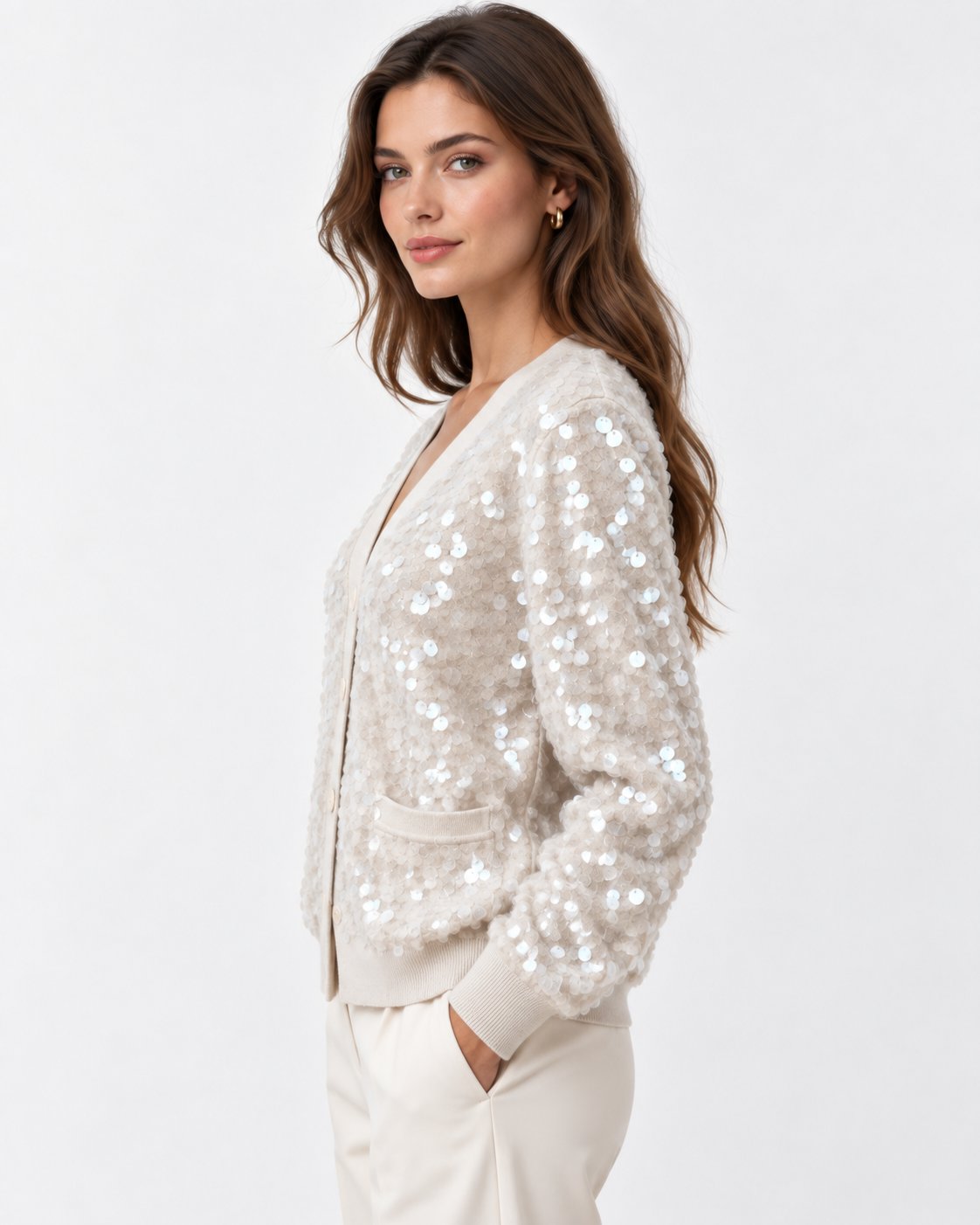 Cardigan in Maglia con Paillettes Avorio