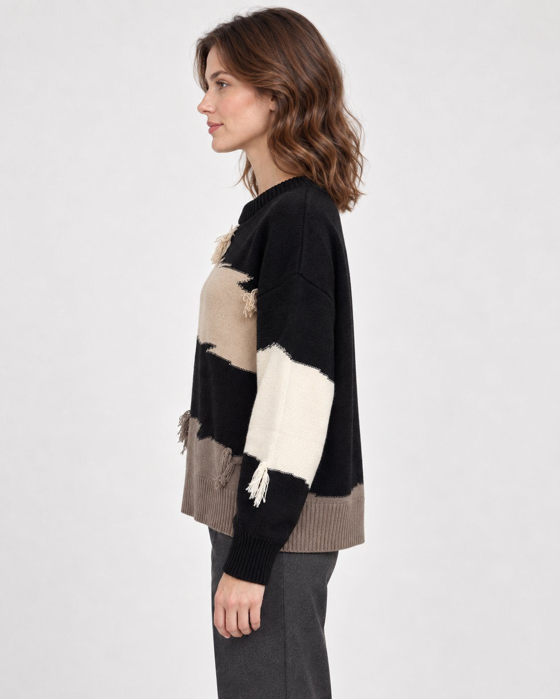 Maglione Girocollo Color Block con Frange
