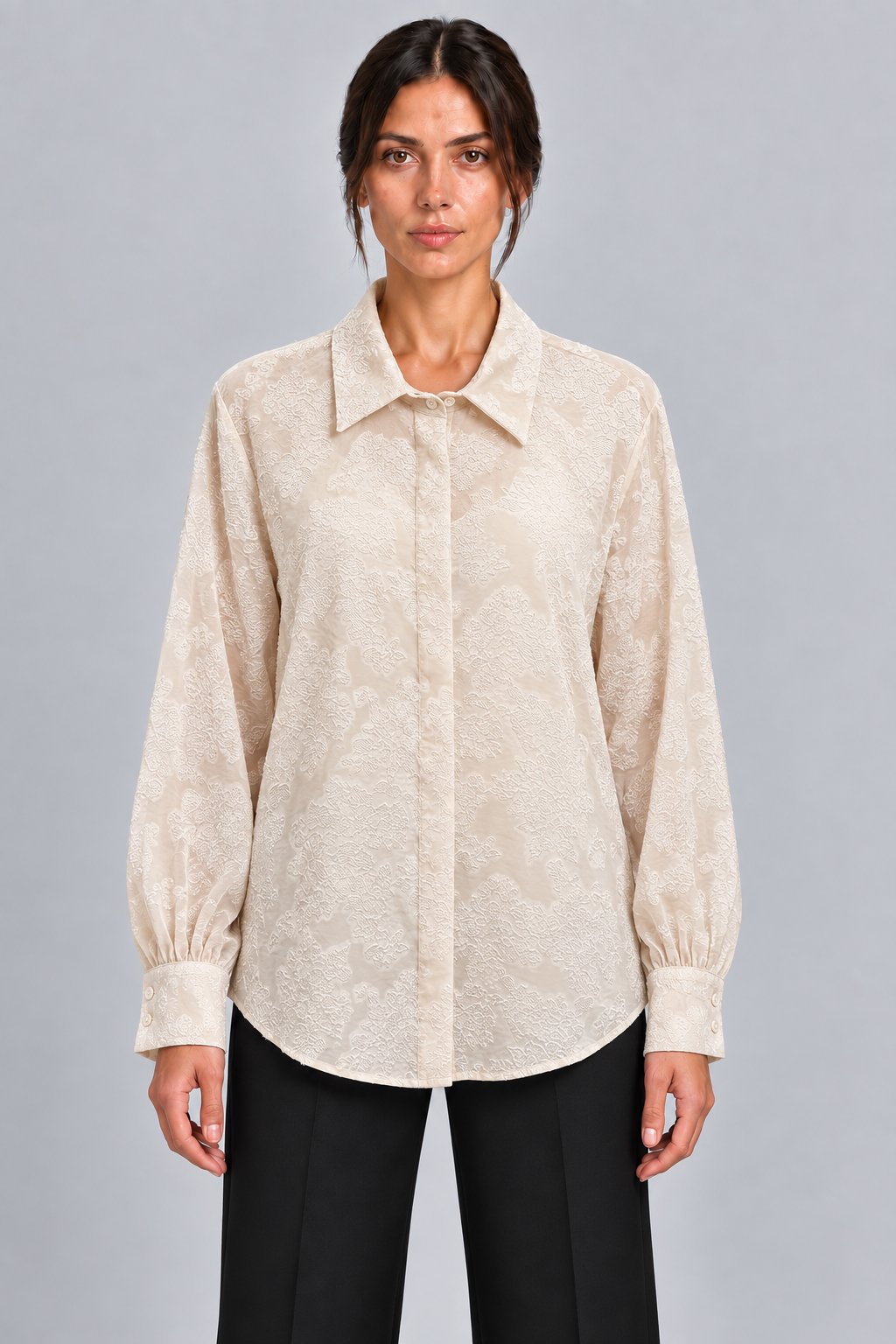 Camicia avorio in jacquard floreale
