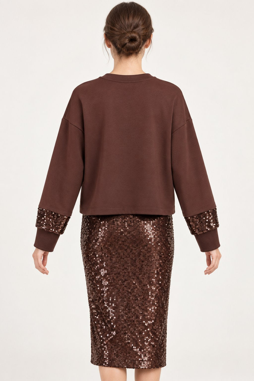 Felpa Marrone con Polsi in Paillettes